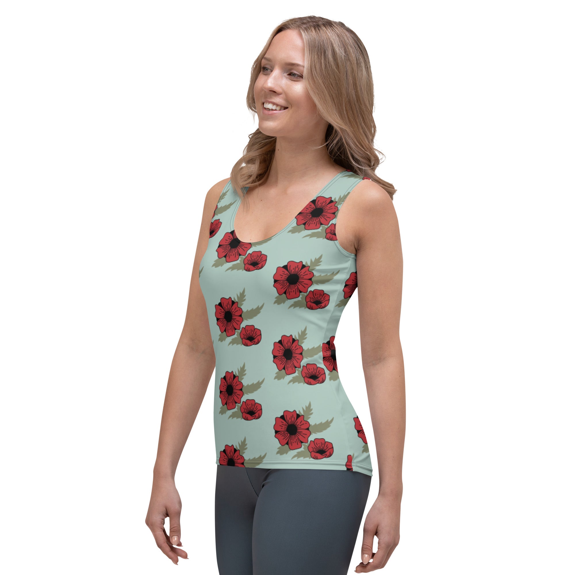 Sublimation Cut &amp; Sew Tank Top Red Flower Light Blue