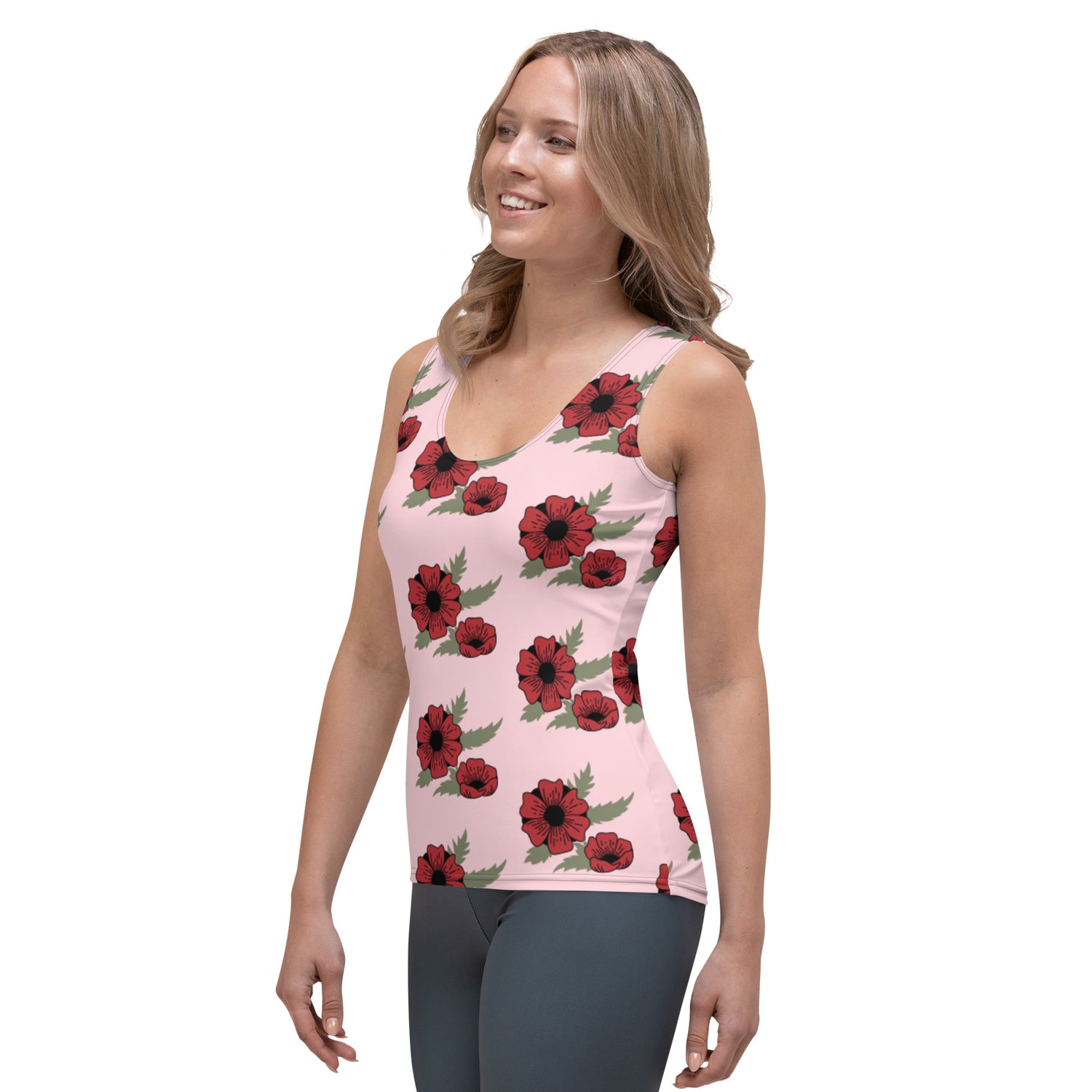 Camiseta sin mangas cortada y cosida por sublimación Flor roja sobre rosa claro