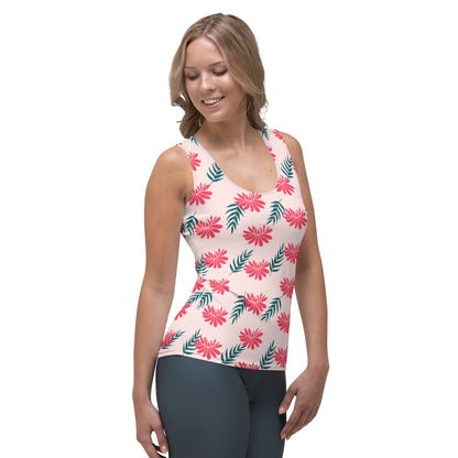 Sublimation Cut &amp; Sew Tank Top Red Flower and Green Leaves