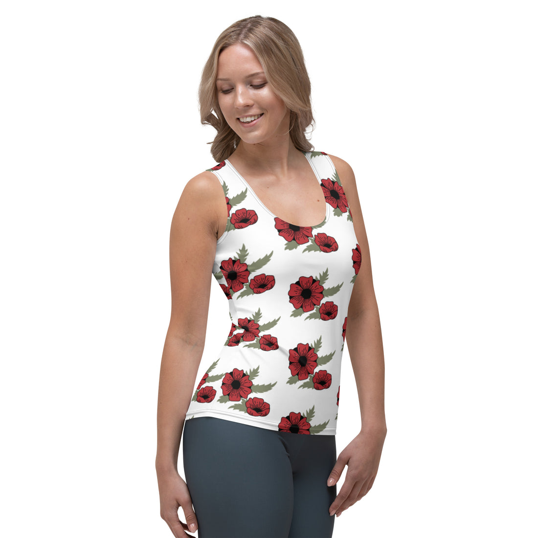 Sublimation Cut &amp; Sew Tank Top Red Flower On White