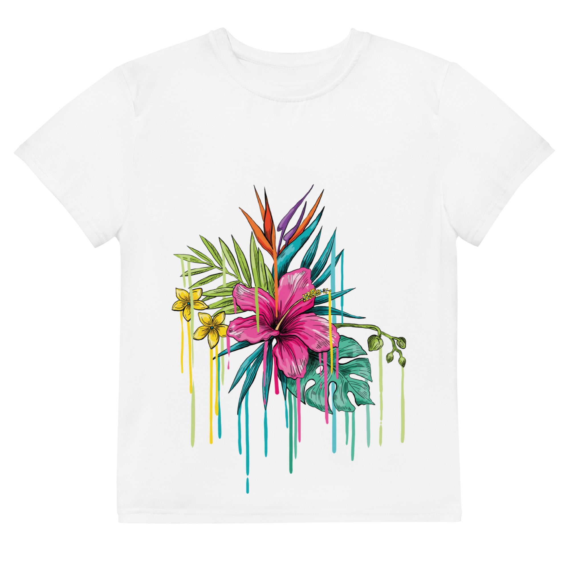 T-shirt juvenil com gola redonda flor rosa