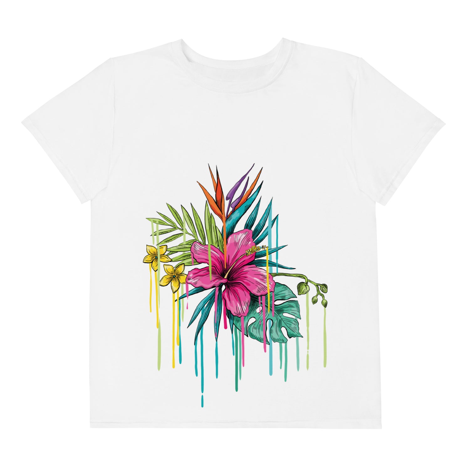 T-shirt juvenil com gola redonda flor rosa