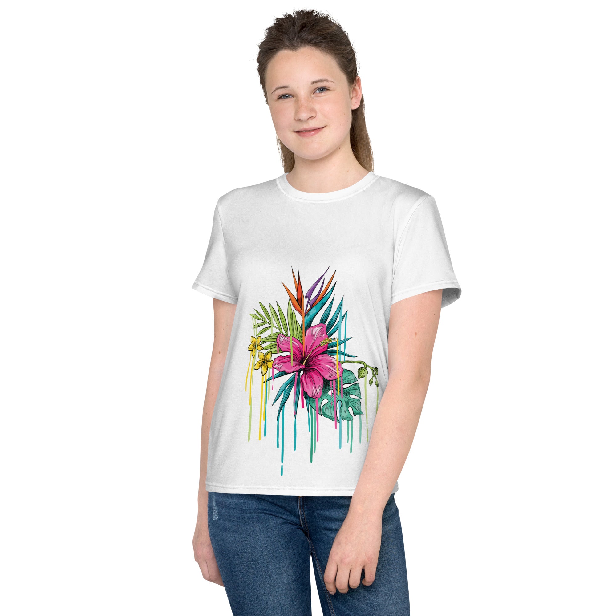 T-shirt juvenil com gola redonda flor rosa