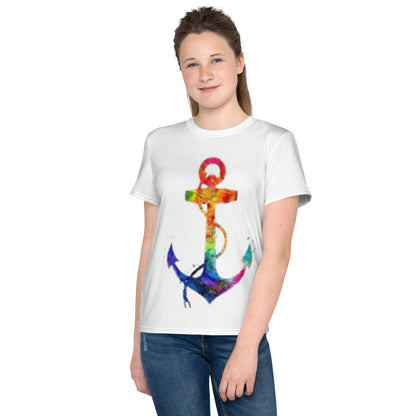 Youth crew neck t-shirt rainbow anchor