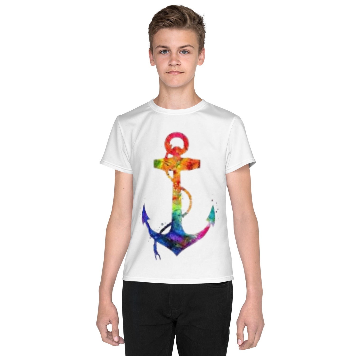 Youth crew neck t-shirt rainbow anchor