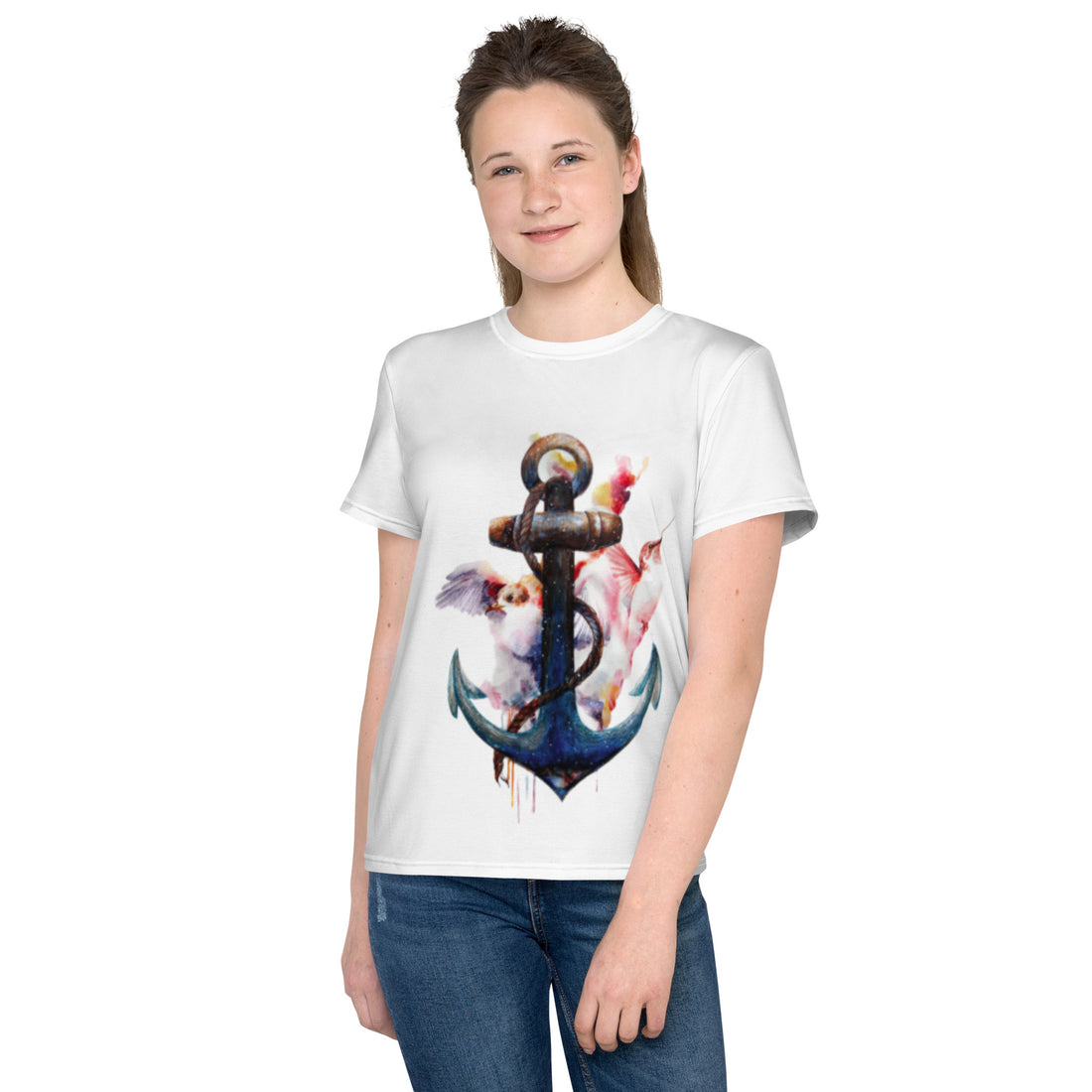 Youth crew neck t-shirt anchor and hummingbird