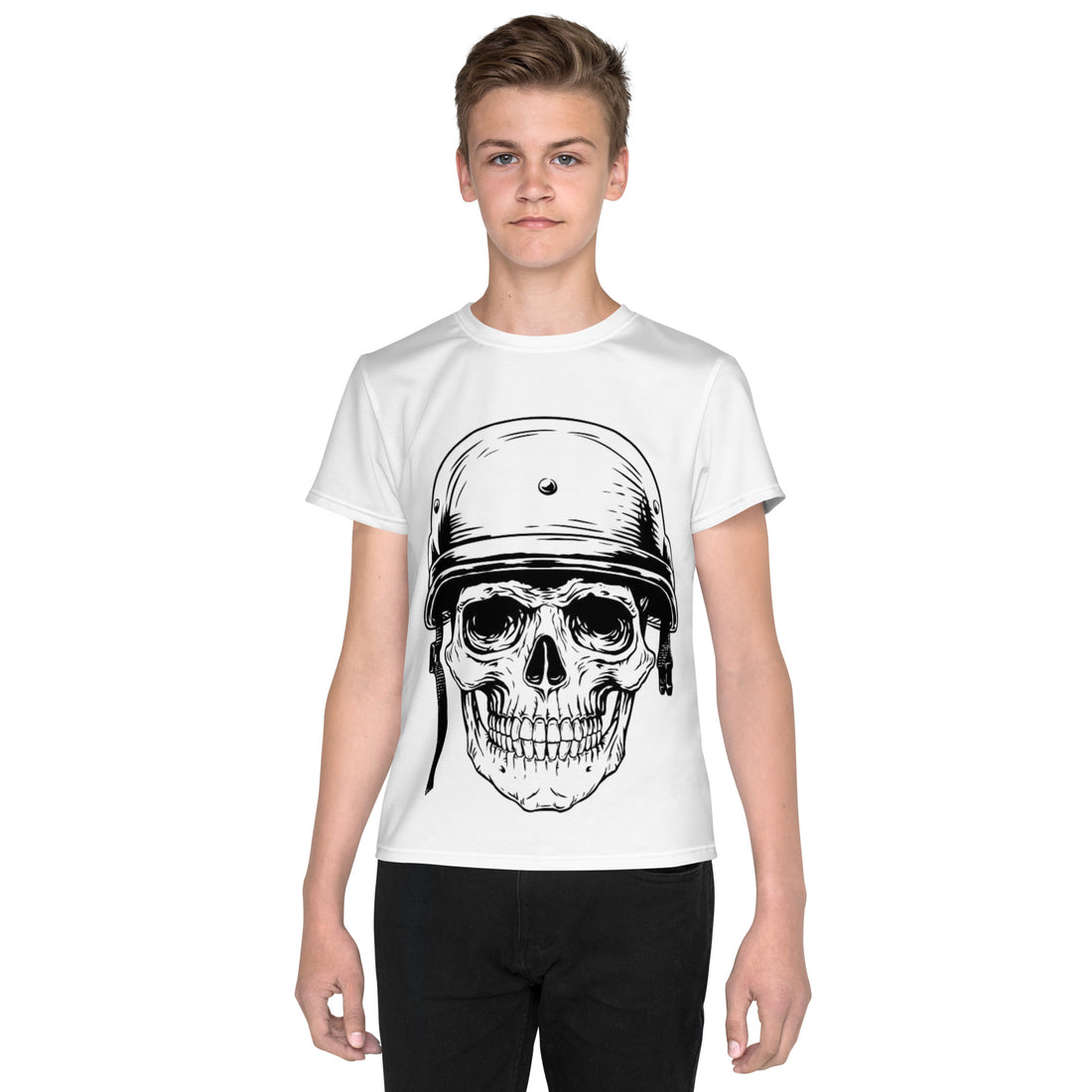 Camiseta juvenil com gola redonda e capacete