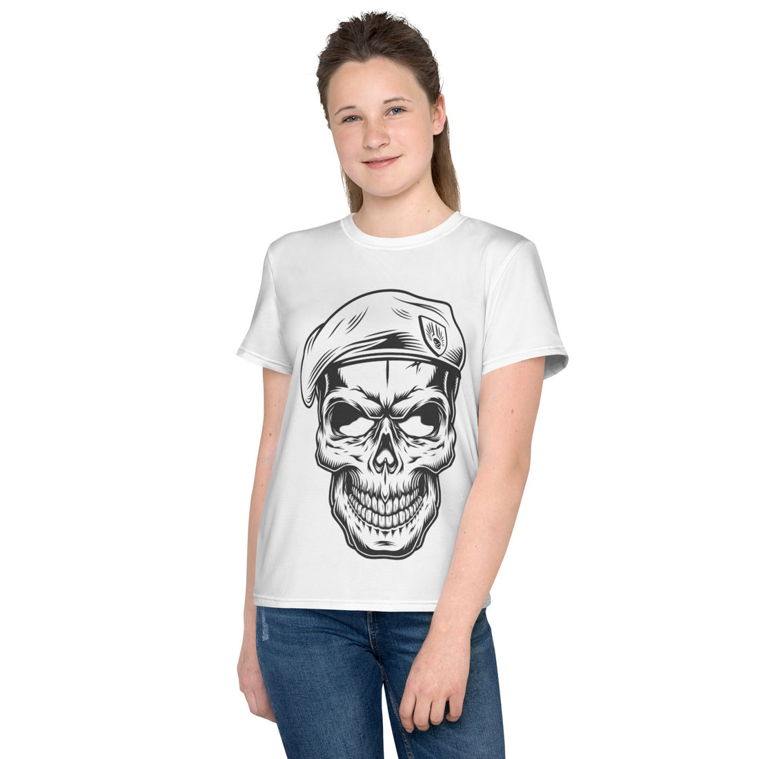 Camiseta juvenil cuello redondo calavera en boina