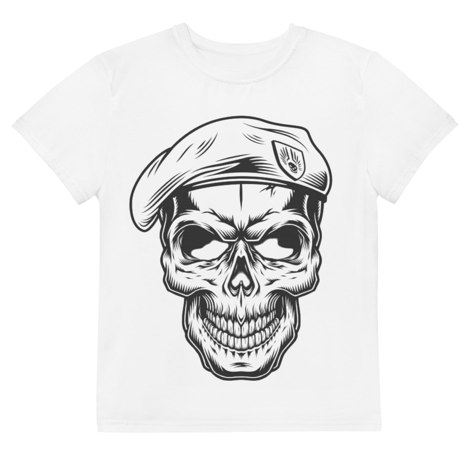 Camiseta juvenil cuello redondo calavera en boina