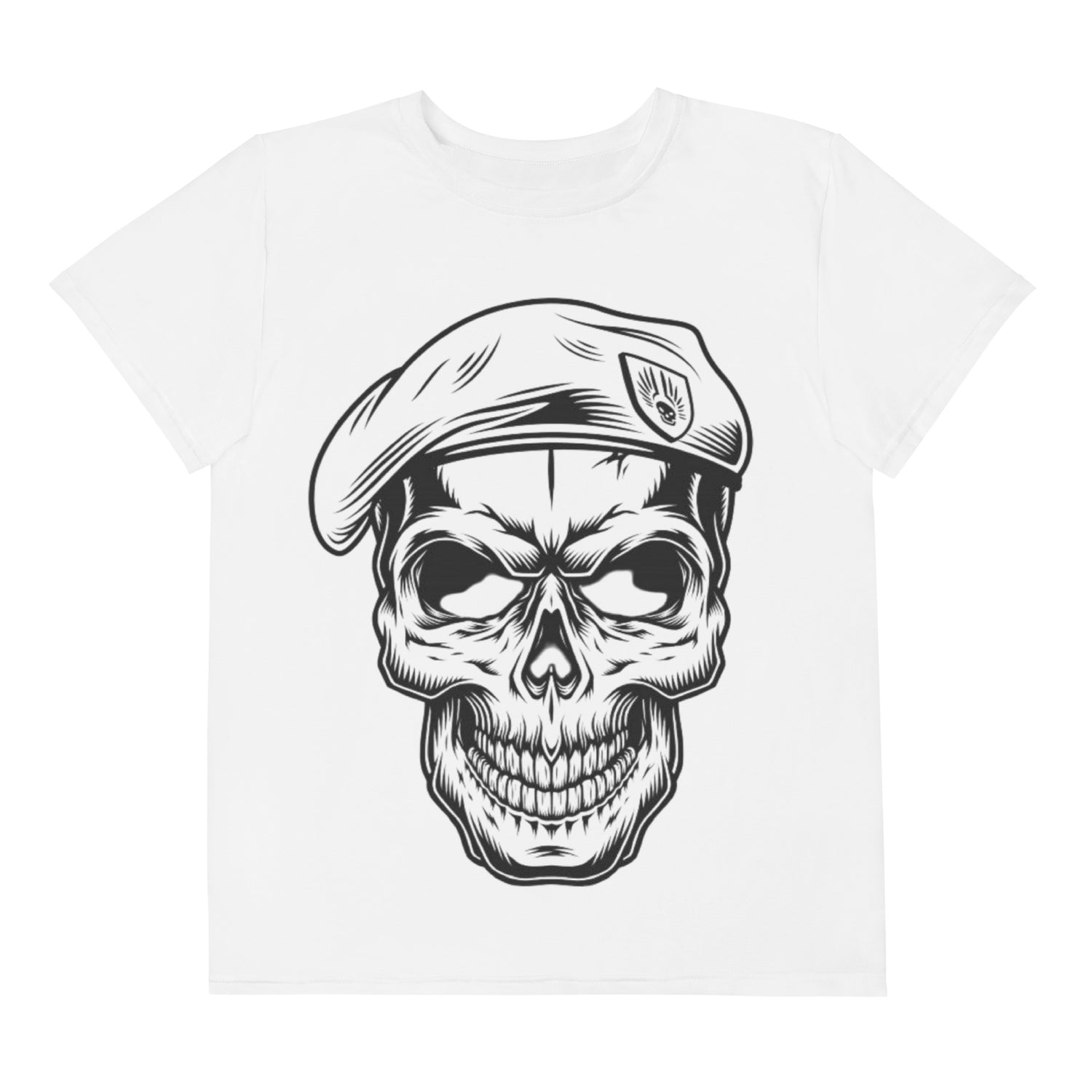 Camiseta juvenil cuello redondo calavera en boina