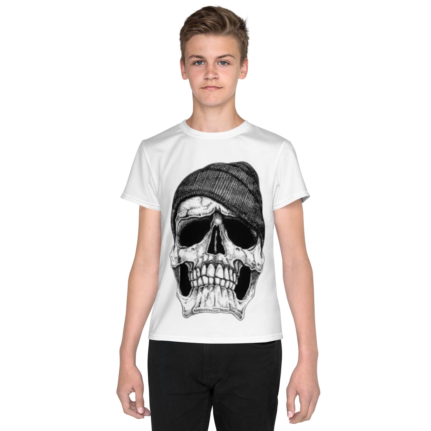 Camiseta juvenil cuello redondo calavera con gorra