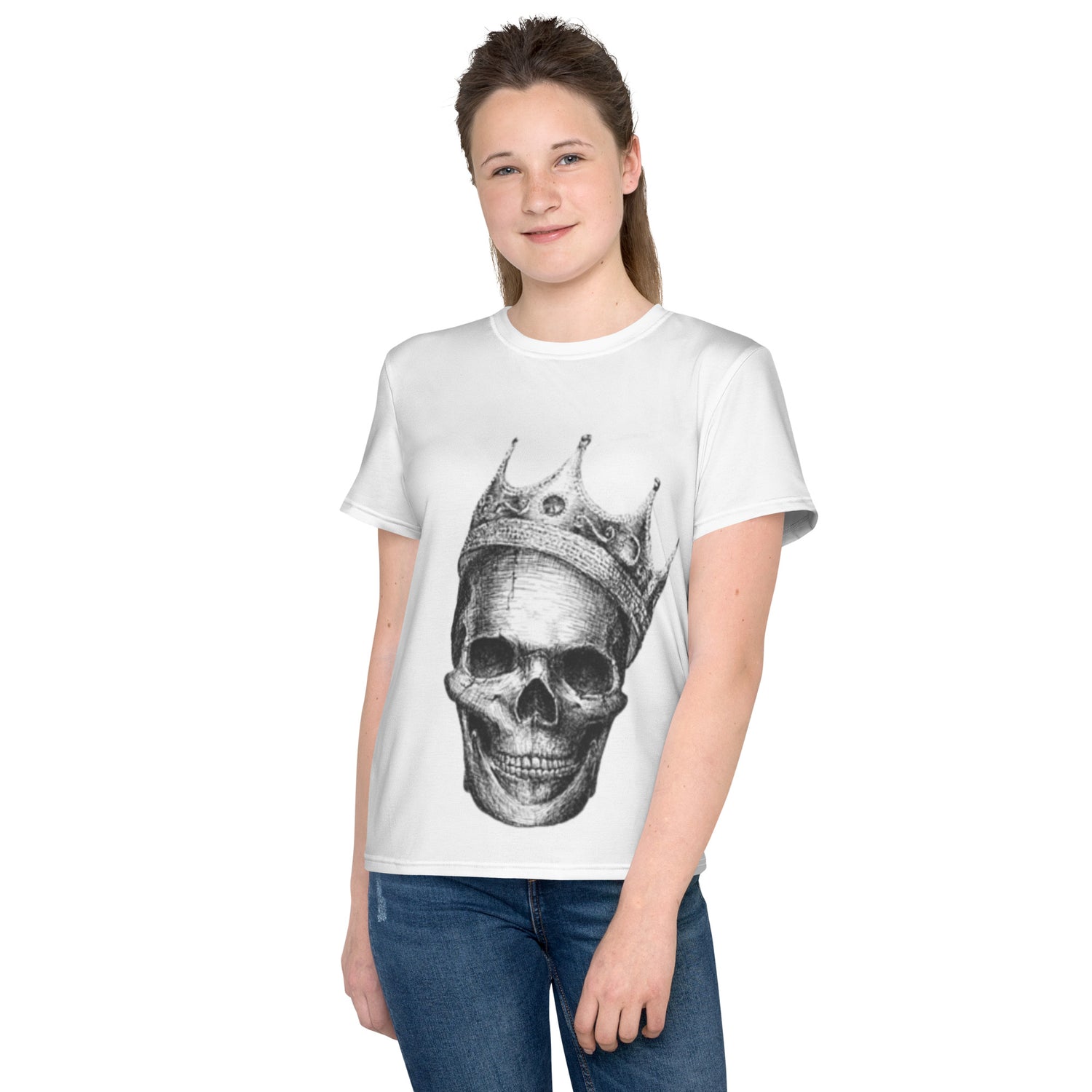 Youth crew neck t-shirt skull with king crown