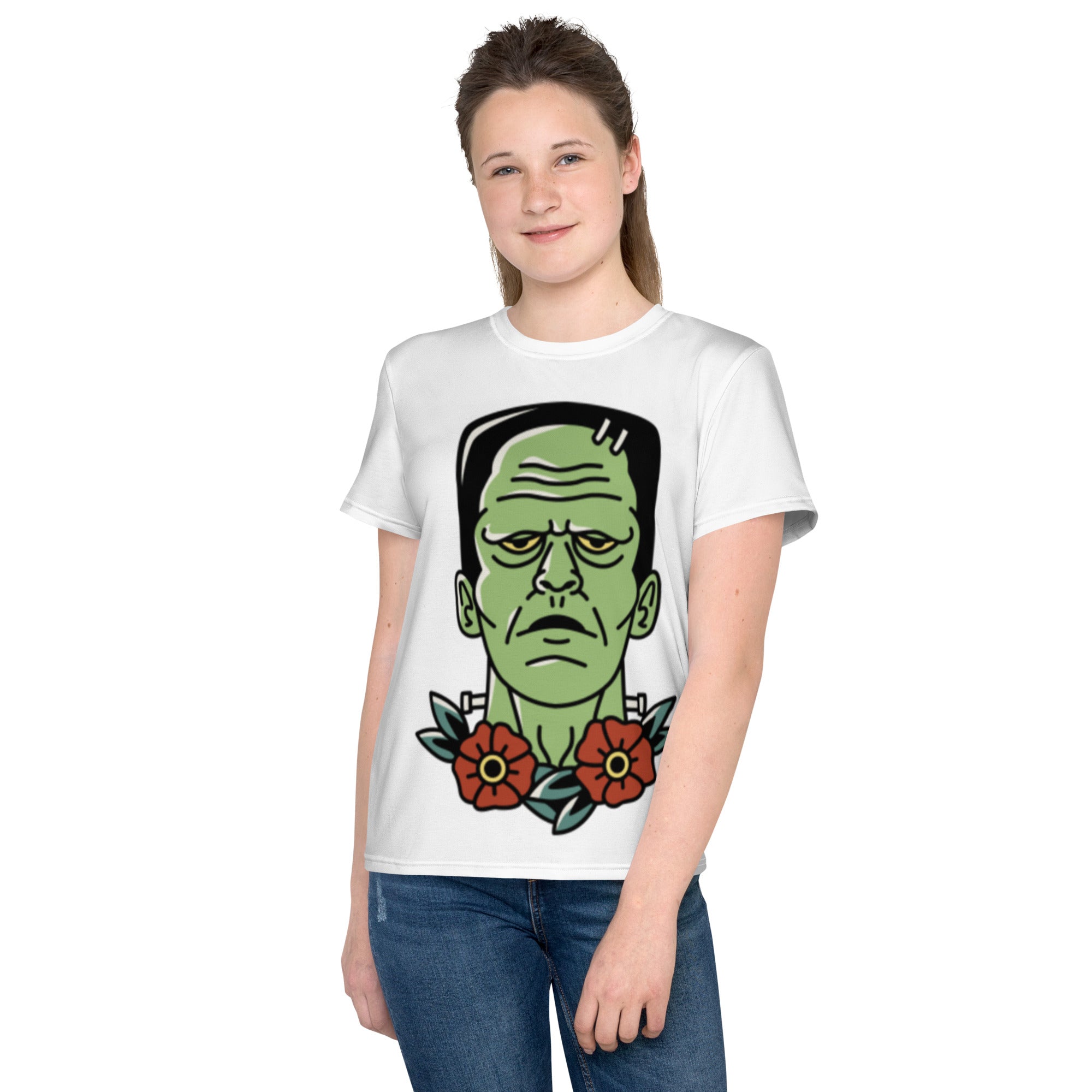 Camiseta juvenil com gola redonda frankenstein