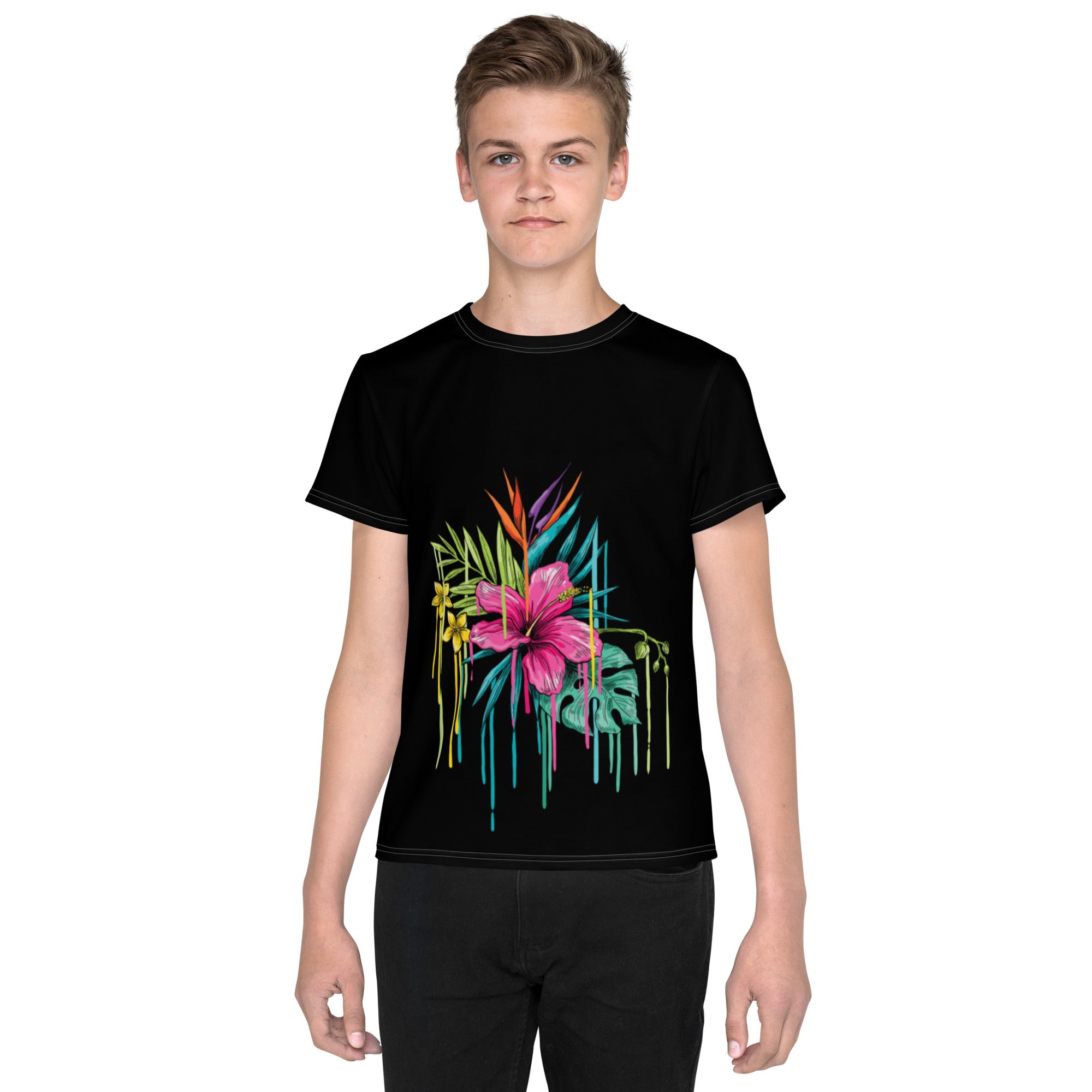 Black Youth crew neck t-shirt pink flower