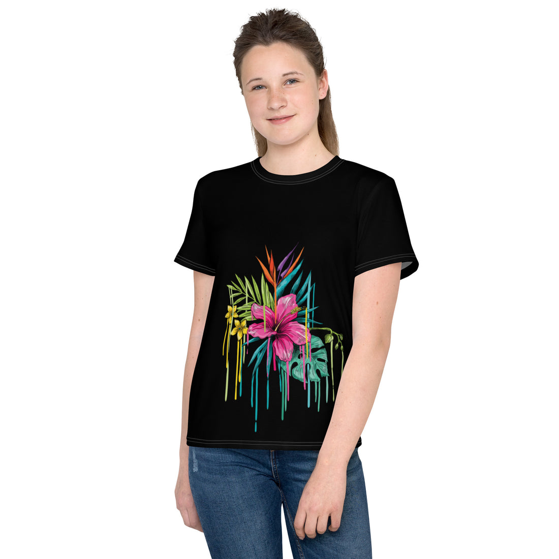 T-shirt preta juvenil com gola redonda flor rosa