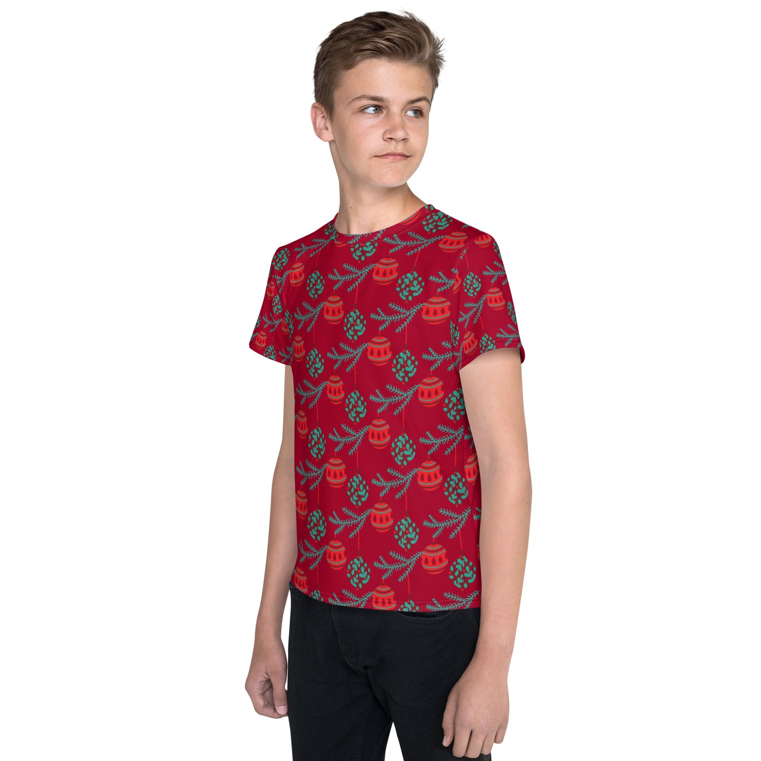 Camiseta Red Balls Natal combinando com gola redonda juvenil