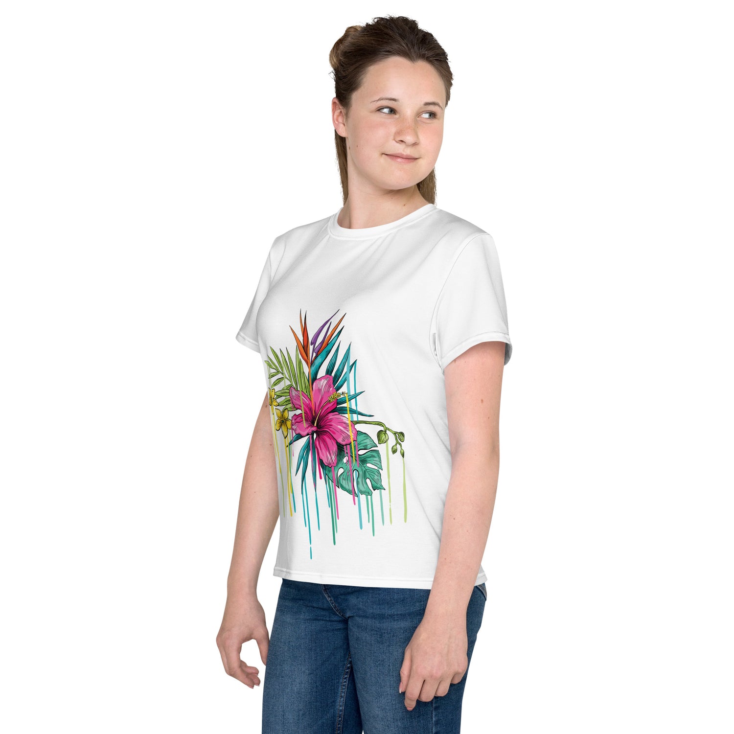 Camiseta juvenil cuello redondo flor rosa