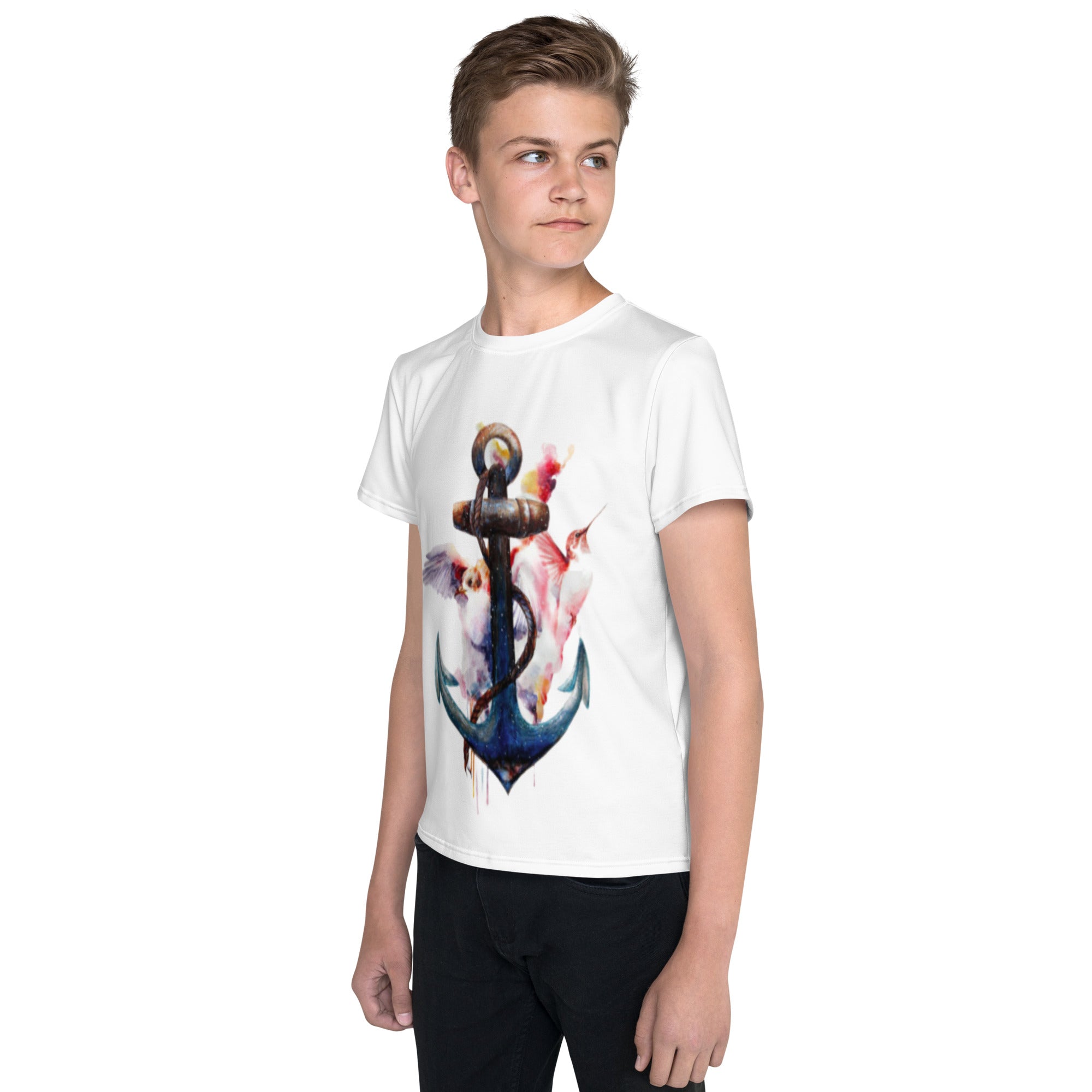 Youth crew neck t-shirt anchor and hummingbird