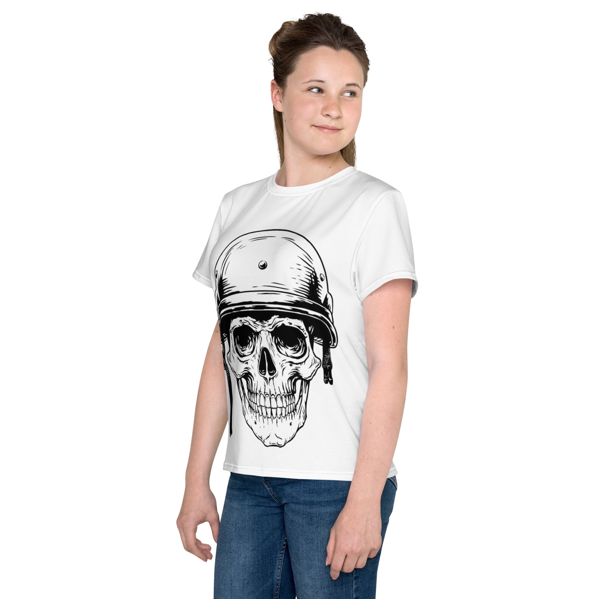 Youth crew neck t-shirt skull with helmet