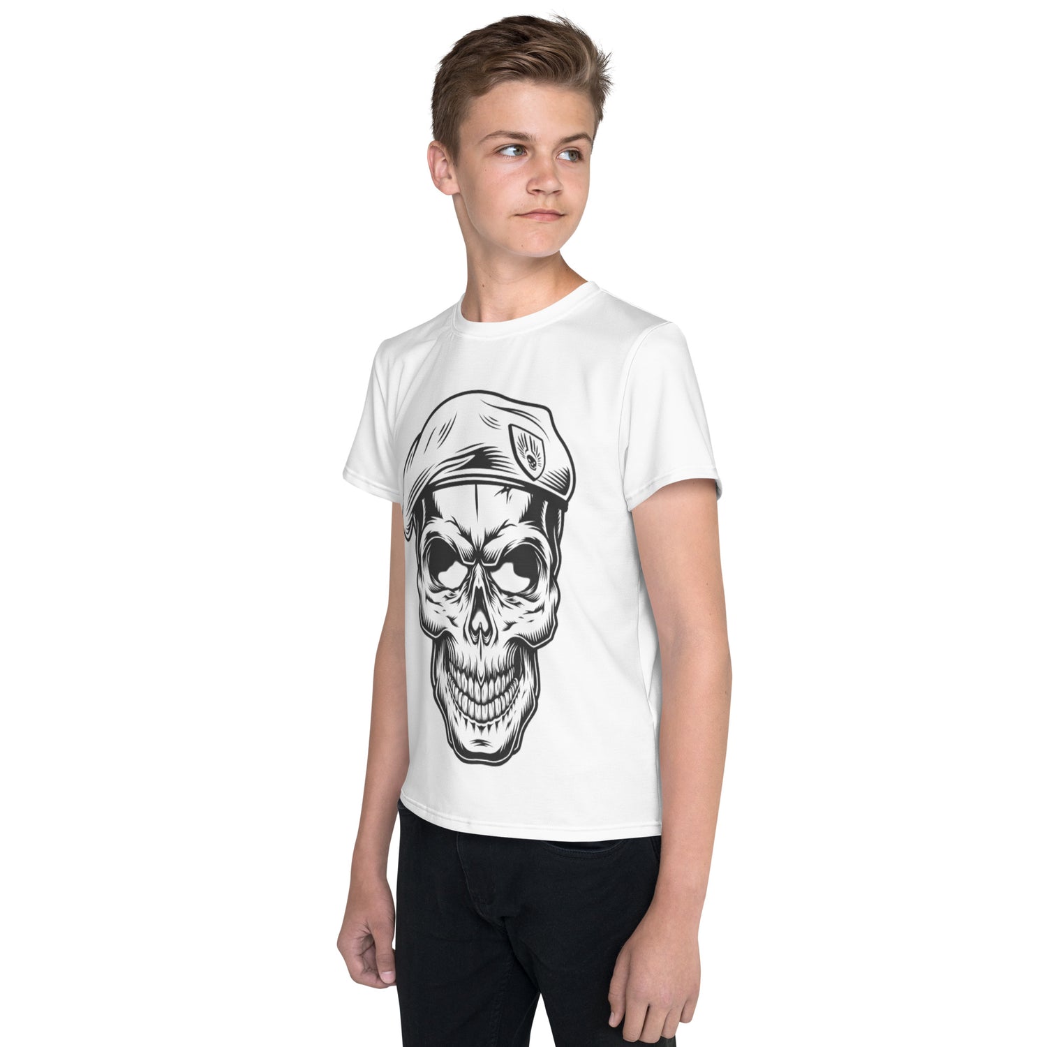 Camiseta juvenil cuello redondo calavera en boina