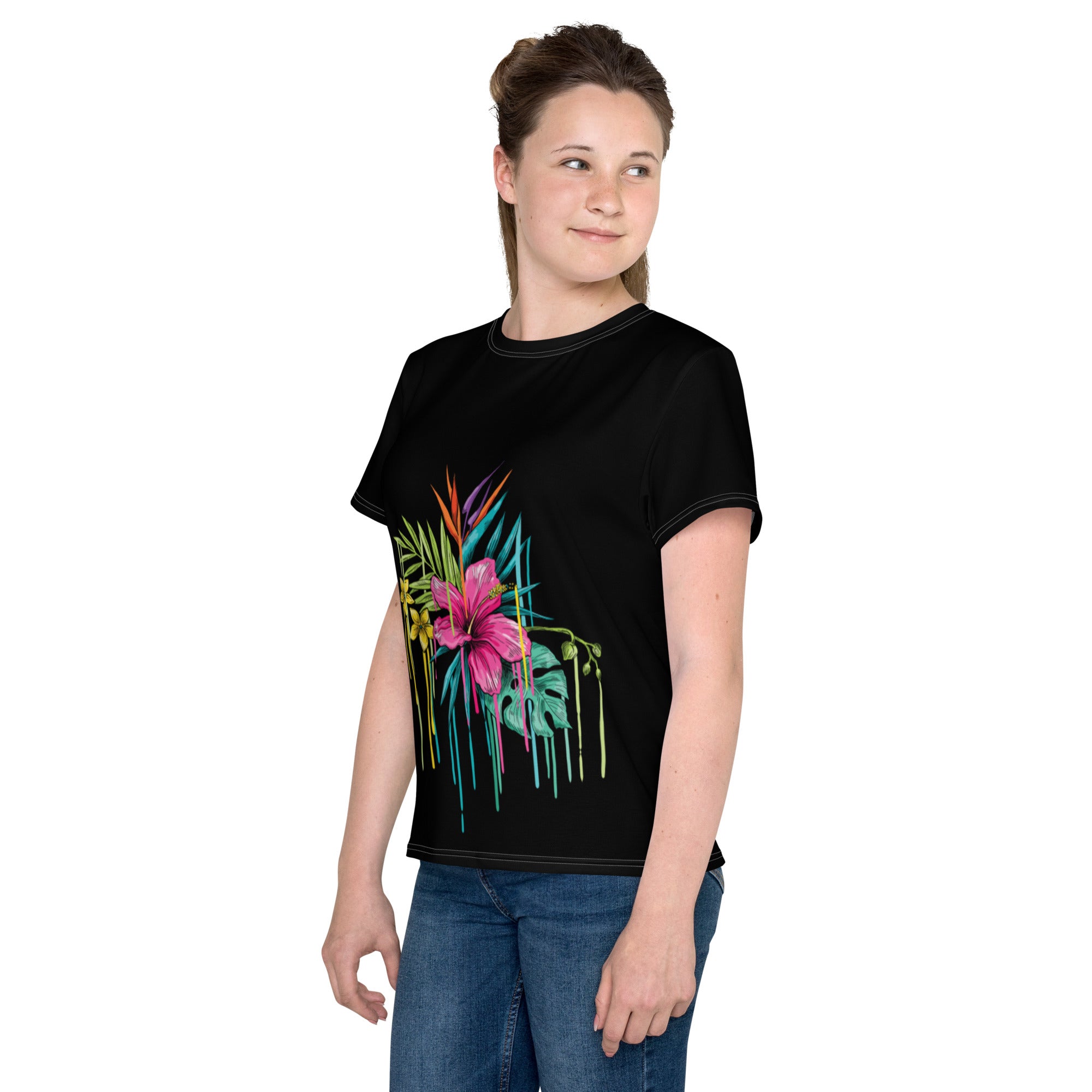 Camiseta juvenil cuello redondo negra flor rosa