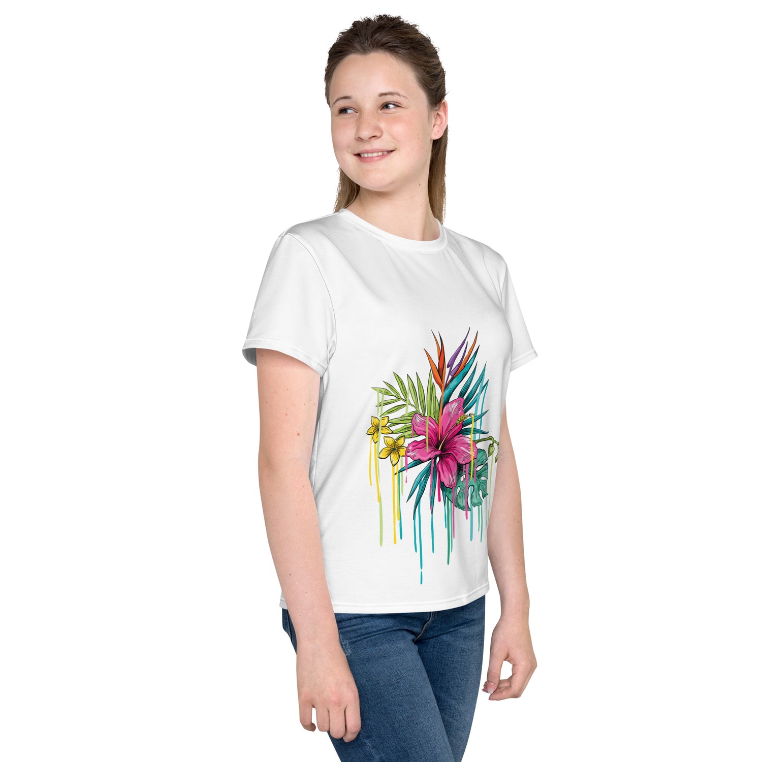 T-shirt juvenil com gola redonda flor rosa