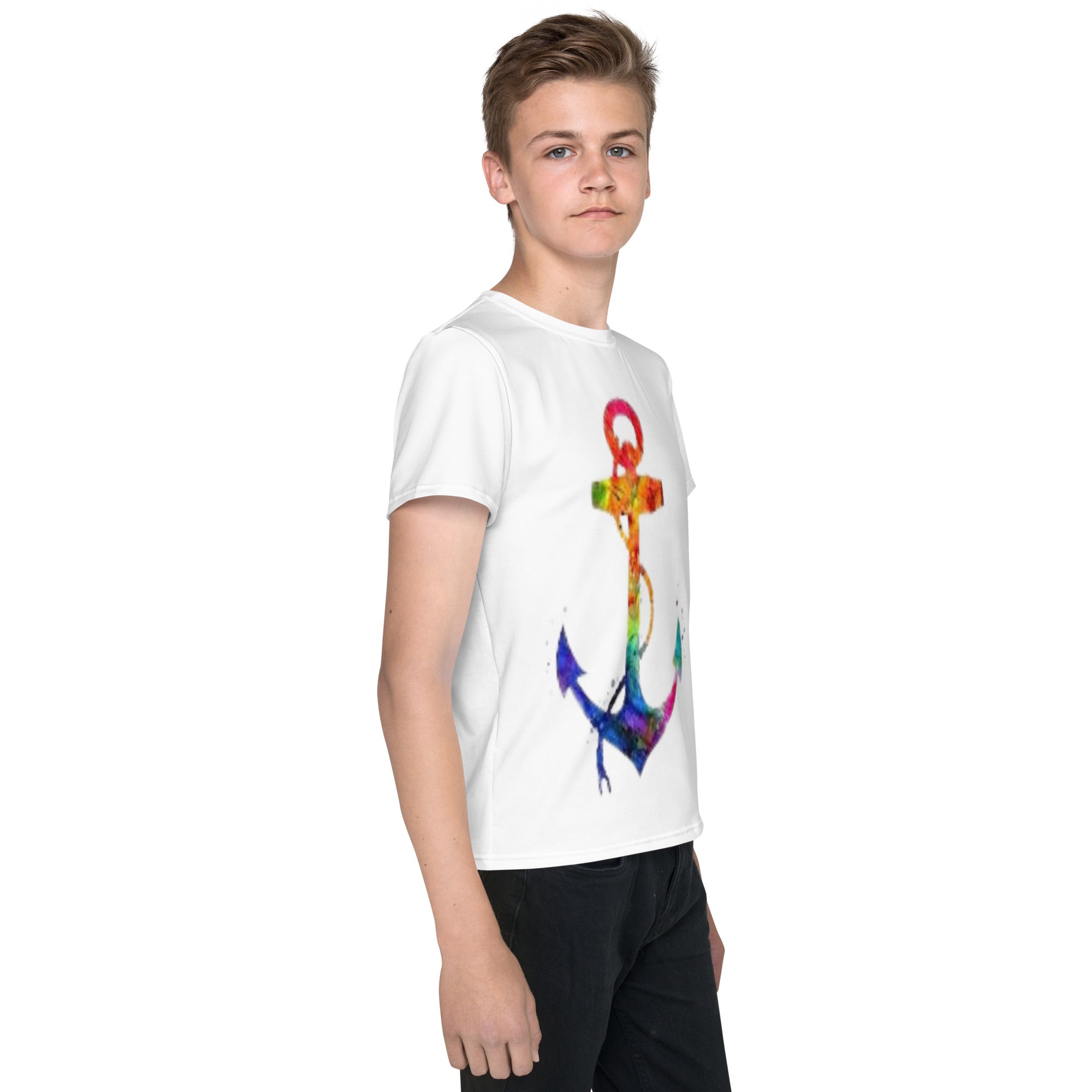 Youth crew neck t-shirt rainbow anchor