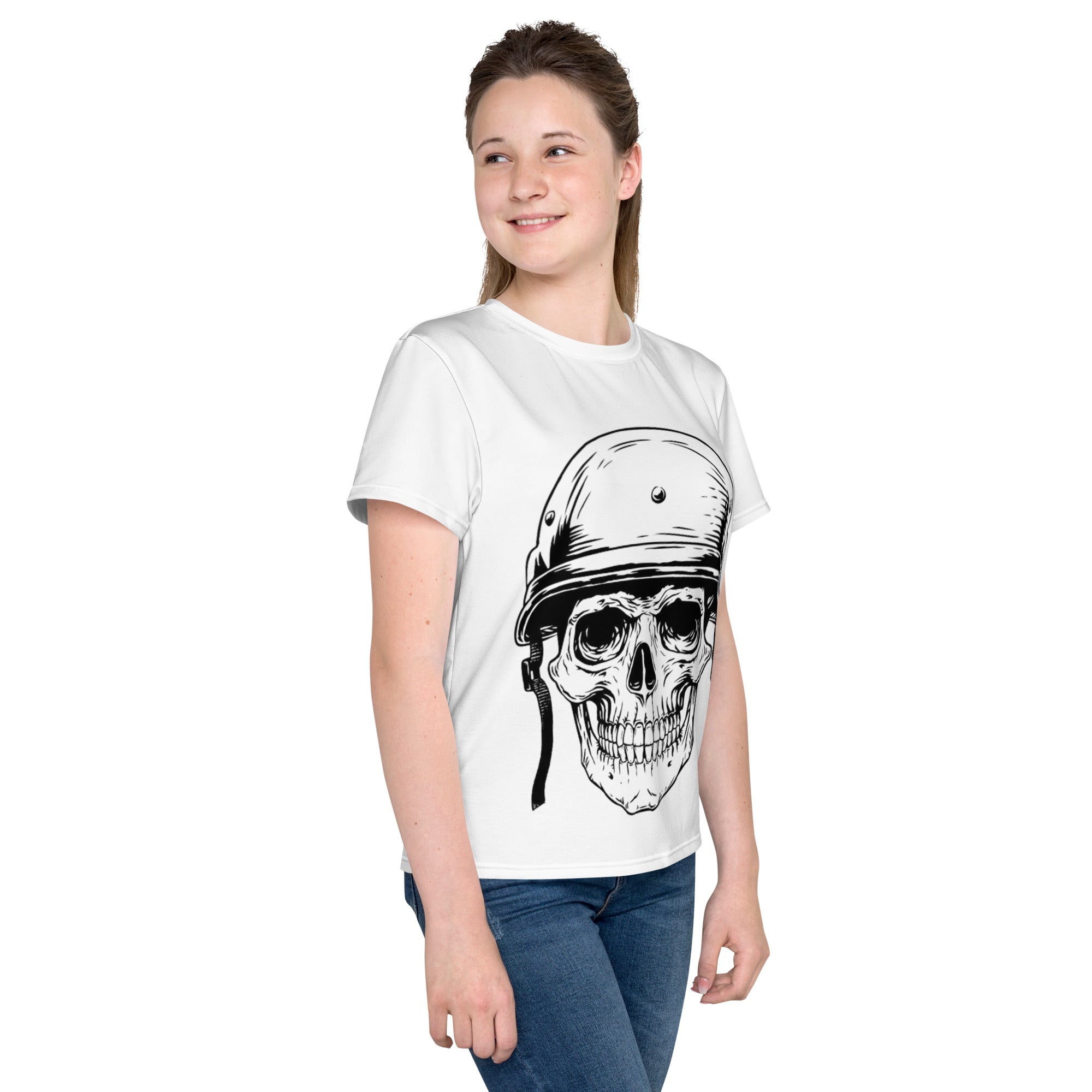 Youth crew neck t-shirt skull with helmet