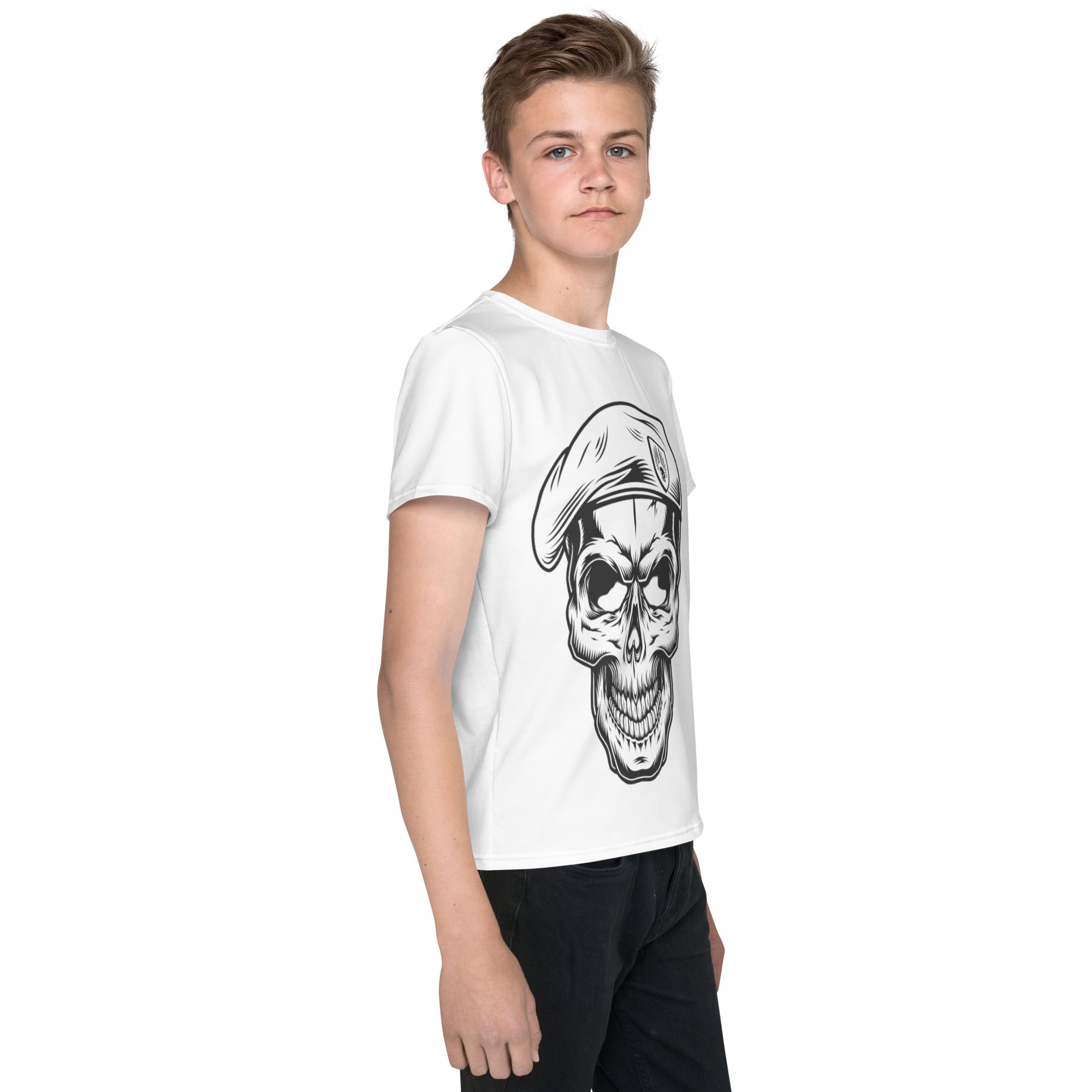 Camiseta juvenil cuello redondo calavera en boina