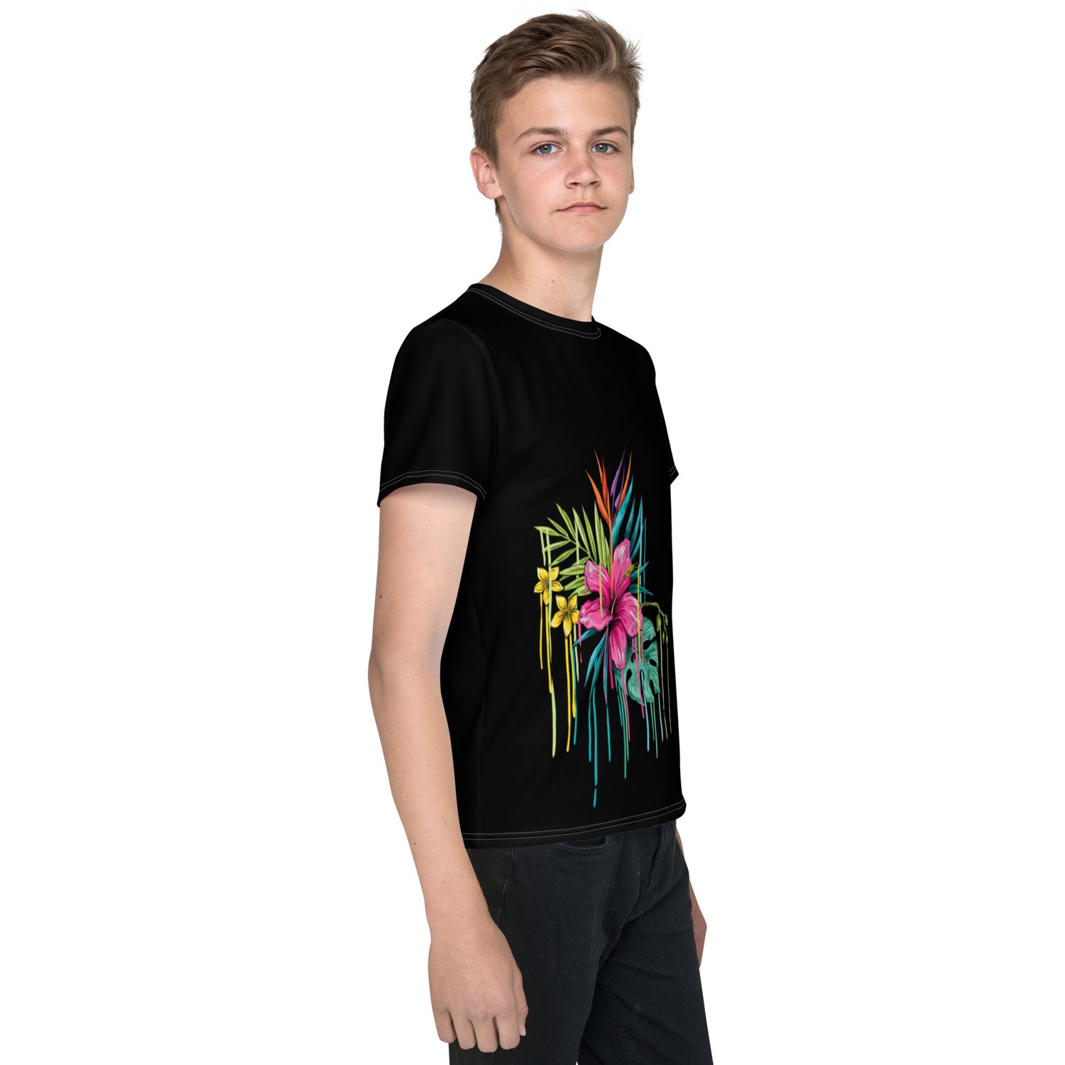 Black Youth crew neck t-shirt pink flower